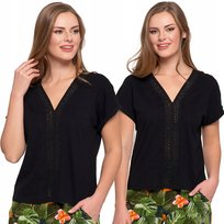 Bluzka Damska 100% Bawełna Ażurowa Wstawka Dekolt V Lekka Wygodna Moraj S Black