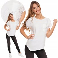 Bluzka Damska Asymetryczna Metaliczny Napis Krótki Rękaw Moraj 2Xl/3Xl White