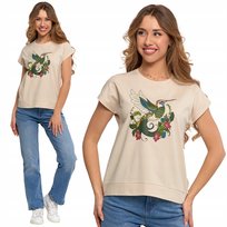 BLUZKA DAMSKA BAWEŁNIANA KRÓJ OVERSIZE Z ARTYSTYCZNYM NADRUKIEM MORAJ S ECRU