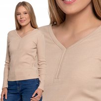 Bluzka Damska Bawełniana Prążkowana Z Długim Rękawem Klasyczna Moraj Xl Beige