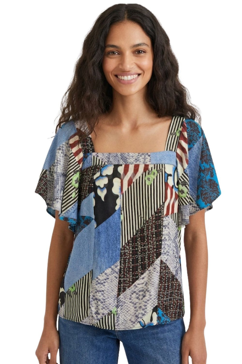 DESIGUAL Bluzka damska Desigual Alejandria niebieska patchwork-XXL