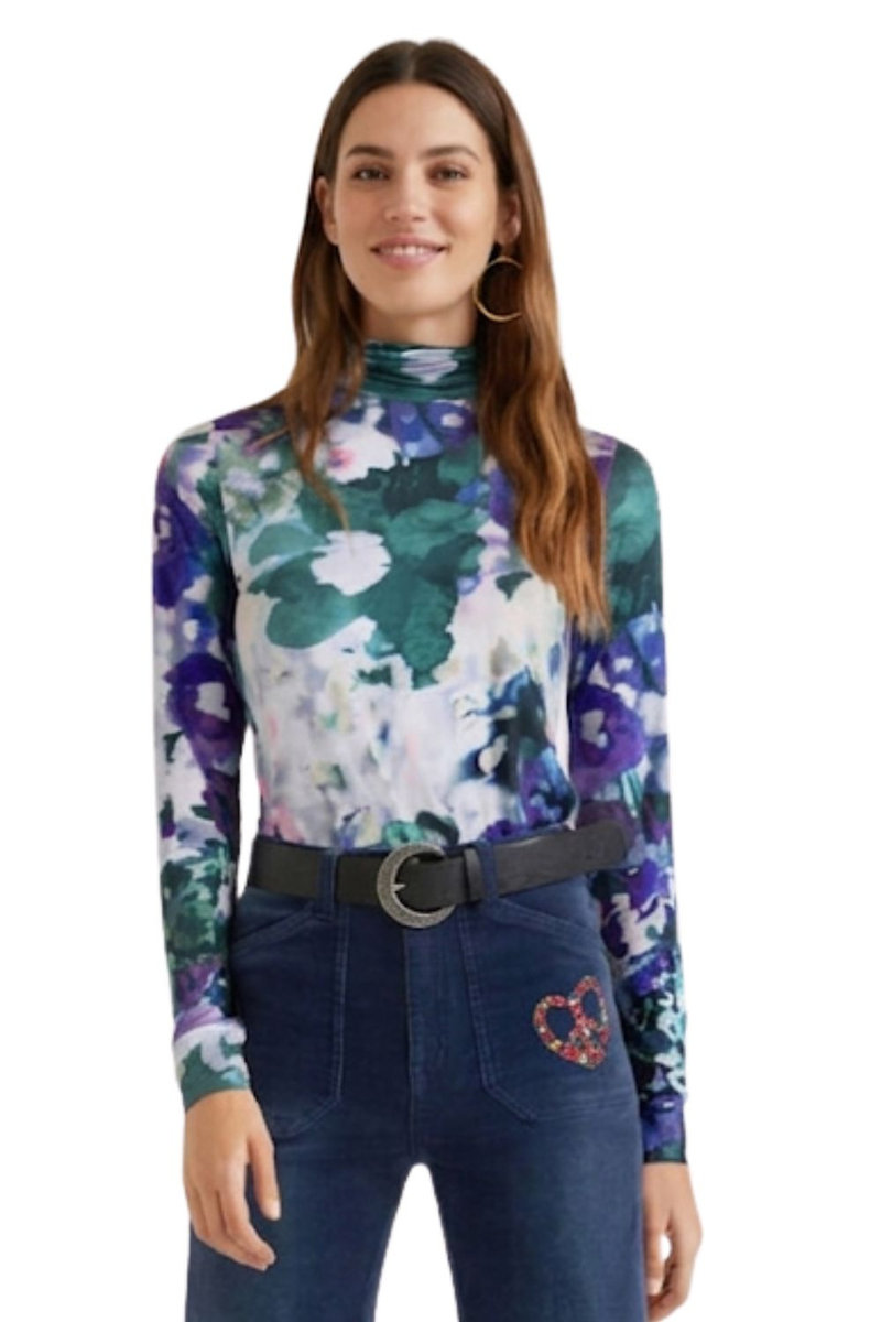 DESIGUAL Bluzka damska Desigual Inaya z golfem niebieska wzorzysta -S