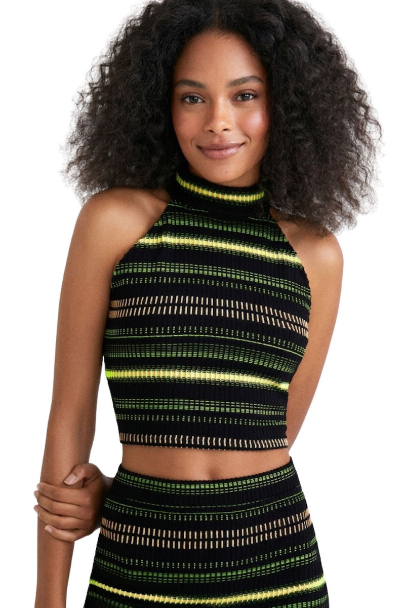 DESIGUAL Bluzka damska Desigual Top czarny w neonowe pasy halter-XL