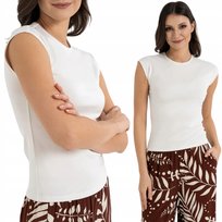 BLUZKA DAMSKA PRĄŻKOWANA BAWEŁNIANA Z KRÓTKIM RĘKAWEM TOP MORAJ L OFF WHITE