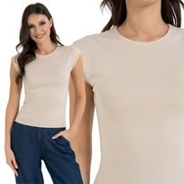BLUZKA DAMSKA PRĄŻKOWANA BAWEŁNIANA Z KRÓTKIM RĘKAWEM TOP MORAJ XL LIGHT BEIGE