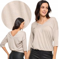 Bluzka Damska Stylowa Błyszcząca Elegancka Krój Bombka Rękaw 3/4 Moraj L Beige