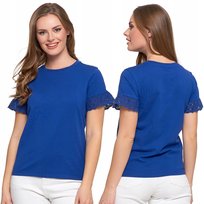 Bluzka Damska Z Koronką Na Rękawach 100% Bawełniana Żakard T-Shirt Moraj M Blue