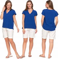 BLUZKA DAMSKA Z KRÓTKIM MOTYLKOWYM RĘKAWEM WISKOZOWA DEKOLT V MORAJ S BLUE