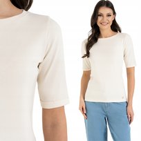 BLUZKA DAMSKA Z KRÓTKIM RĘKAWEM BAWEŁNIANA GŁADKA MIĘKKA KLASYCZNA MORAJ L ECRU