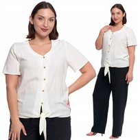 BLUZKA DAMSKA Z KRÓTKIM RĘKAWEM Z WIĄZANIEM Z DODATKIEM LNU MORAJ L WHITE