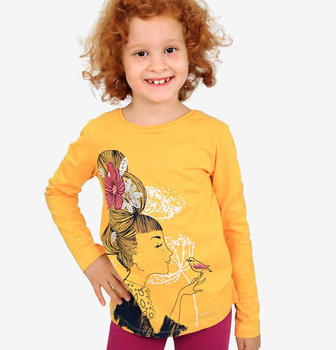 Bluzka koszulka z Długim Rękawem żółta 158 bawełna z  ptaszkiem kwiaty Endo - Endo