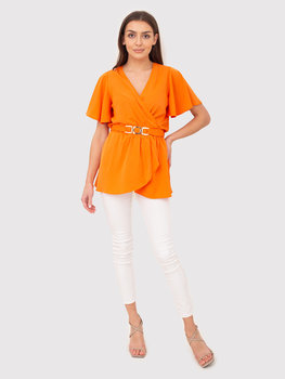 Bluzka w koloże pomarańczowym z krótkim rękawem i ozdobnym paskiem TA578 BLOOD ORANGE - Ax Paris
