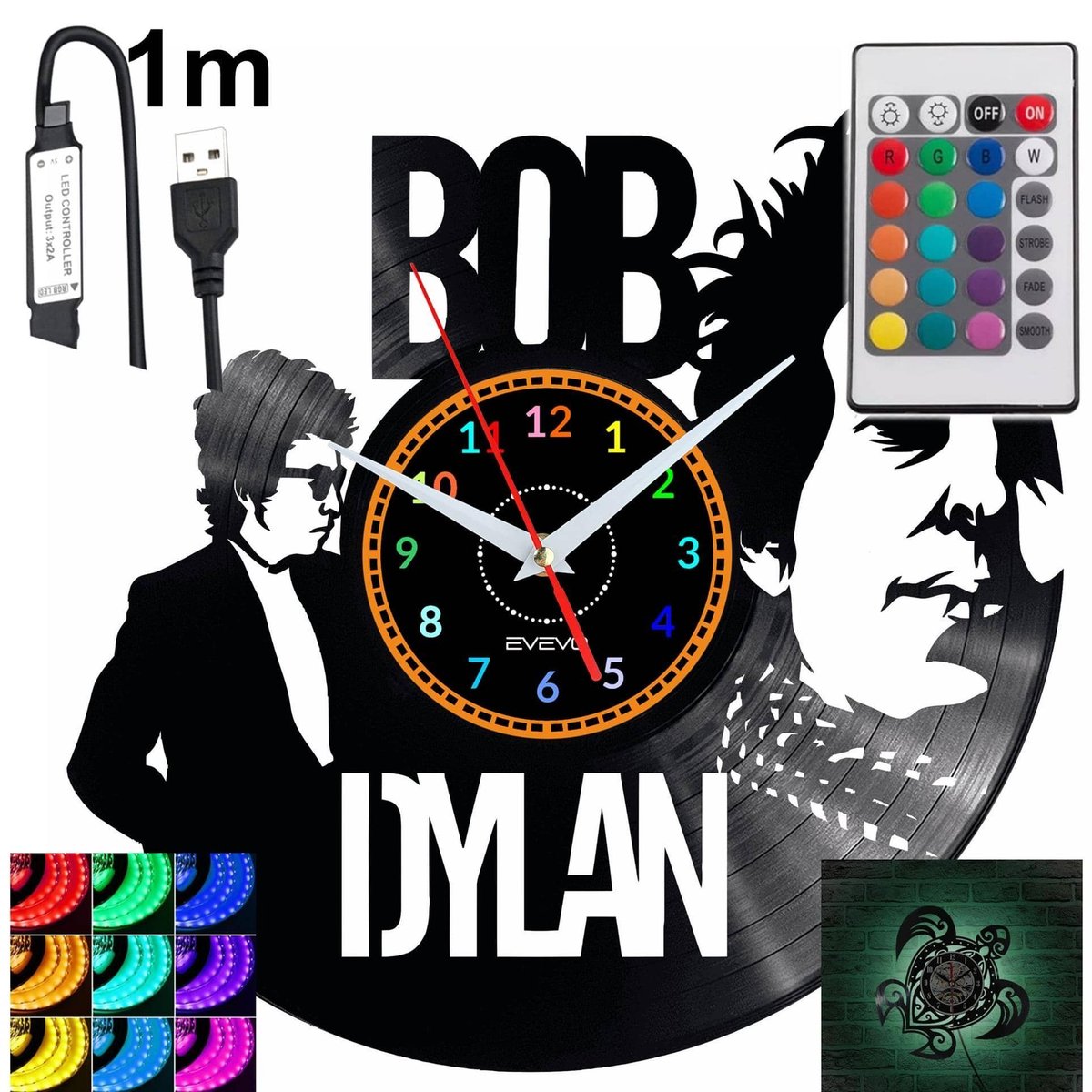 BOB DYLAN Zegar Ścienny Podświetlany LED RGB Na Pilota Płyta Winylowa ...
