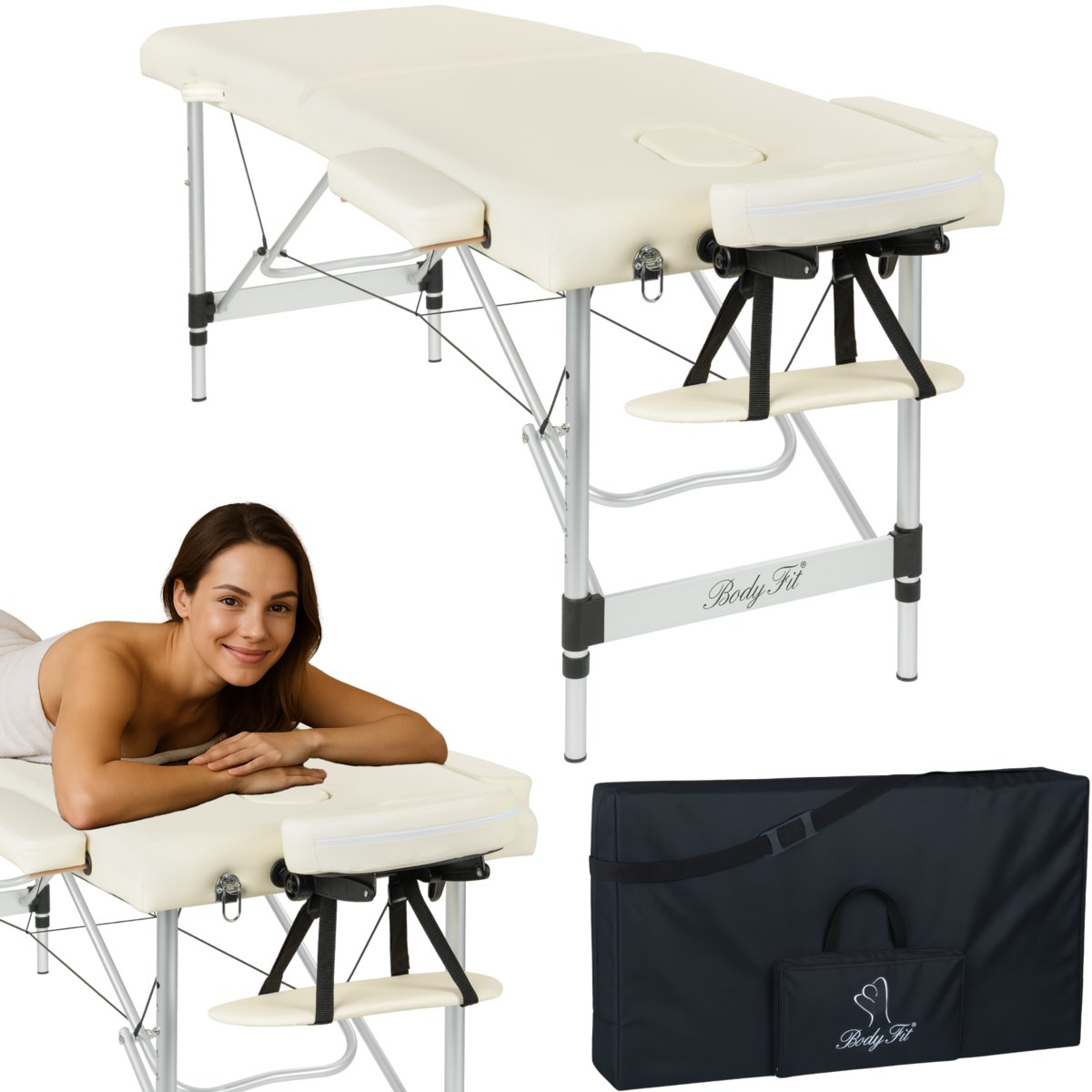 BODYFIT, Łóżko do masażu 2-segmentowe aluminiowe, kremowy