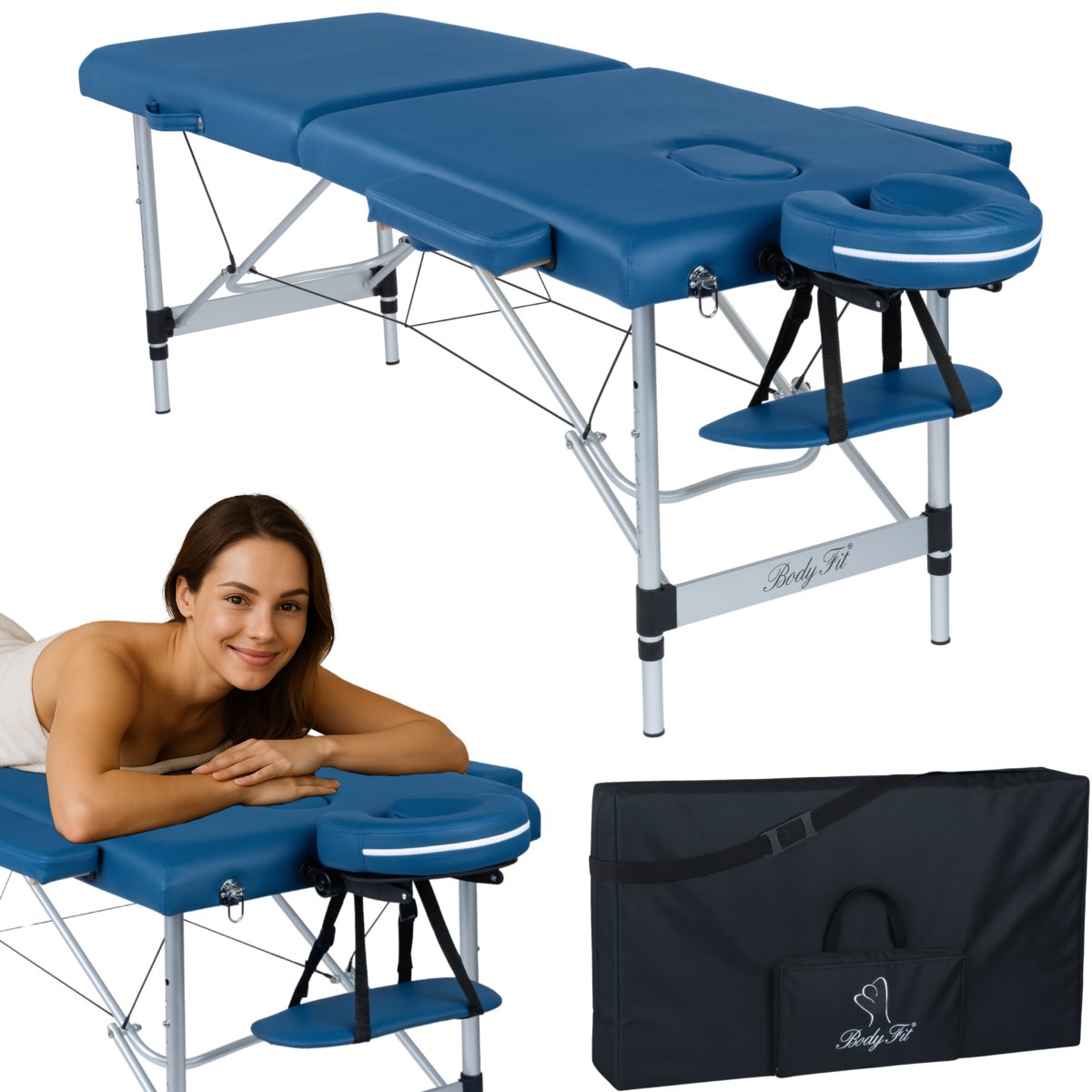 BODYFIT, Łóżko do masażu 2-segmentowe aluminiowe, niebieski