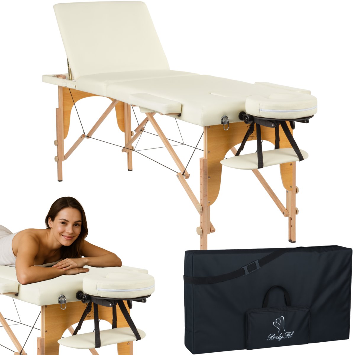 BODYFIT, Łóżko do masażu 3-segmentowe, kremowy