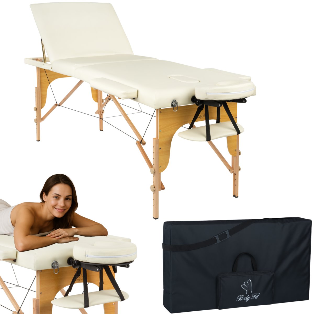 BODYFIT, Łóżko do masażu 3-segmentowe, kremowy