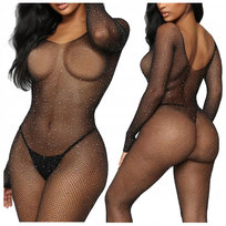 Bodystocking Długi Rękaw Siateczka Cyrkonie Komplet Bielizna Czarne Luvu