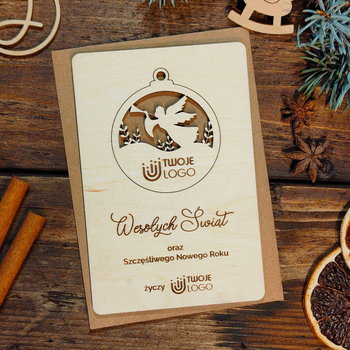 Bombka z aniołkiem - drewniana grawerowana kartka świąteczna z logo - Inna marka