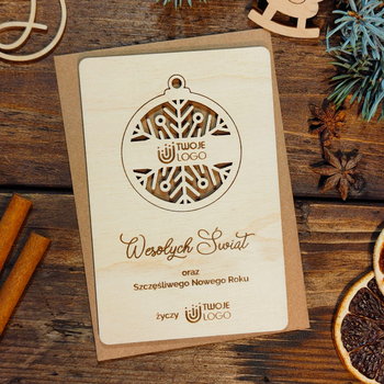 Bombka z płatkiem śniegu - drewniana grawerowana kartka świąteczna z logo - Inna marka
