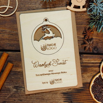 Bombka z reniferem - drewniana grawerowana kartka świąteczna z logo - Inna marka