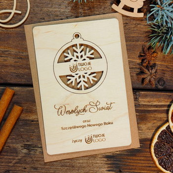 Bombka ze śnieżynką - drewniana grawerowana kartka świąteczna z logo - Inna marka