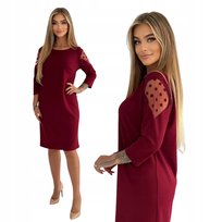 Bordowa Elegancka Klasyczna Sukienka z Ozdobnym Rękawem Rozmiar 38