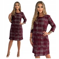 Bordowa Śliczna Prosta Sukienka w Kratkę Rozmiar 42