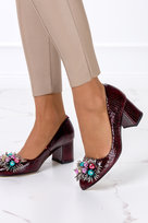 Bordowe czółenka lakierowane z kryształkami wzór wężowy POLSKA SKÓRA Casu 3184-37