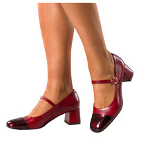 Bordowe czółenka skórzane damskie Mary Jane z paskiem na niskim klocku lakierowany nosek z wzorem PRODUKT POLSKI Casu 7153-036-722-40
