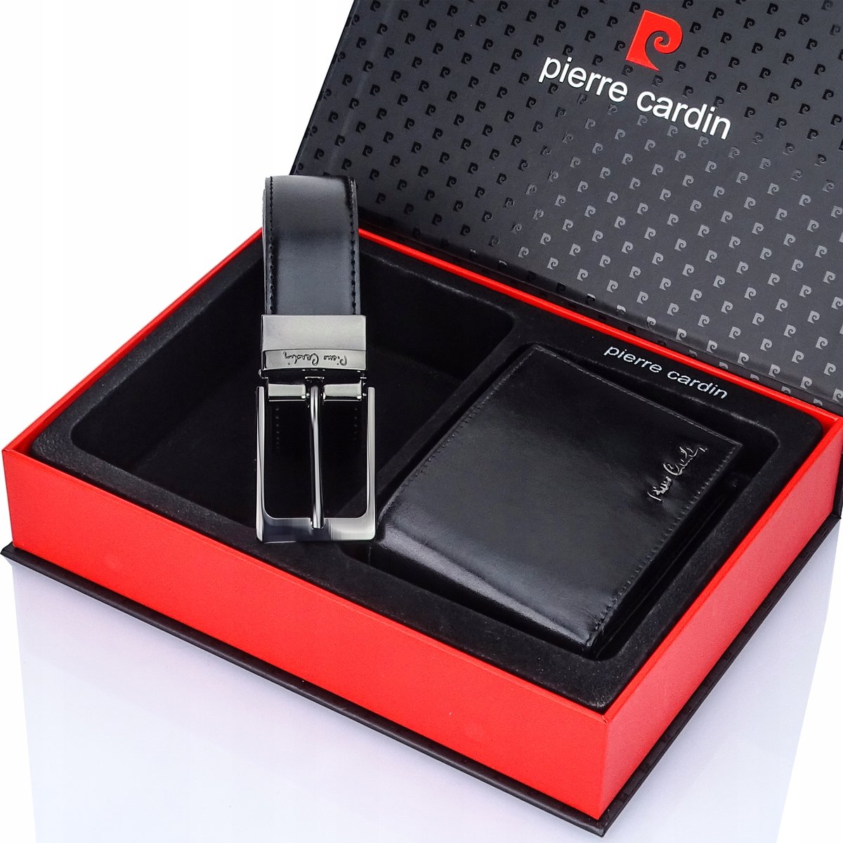 Box Pierre Cardin portfel czarny dwustronny pasek ZESTAW skóra 120
