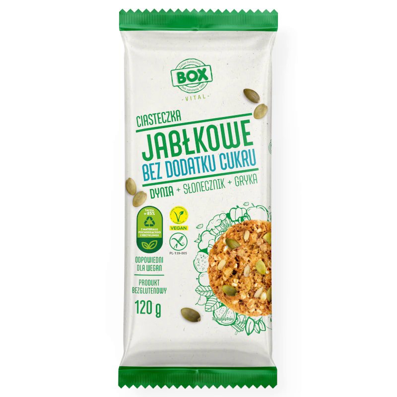 Zakład Produkcji Cukierniczej "Box" BOX wegańskie ciastko bezglutenowe - jabłkowe z dynią, słonecznikiem i gryką - (120g)