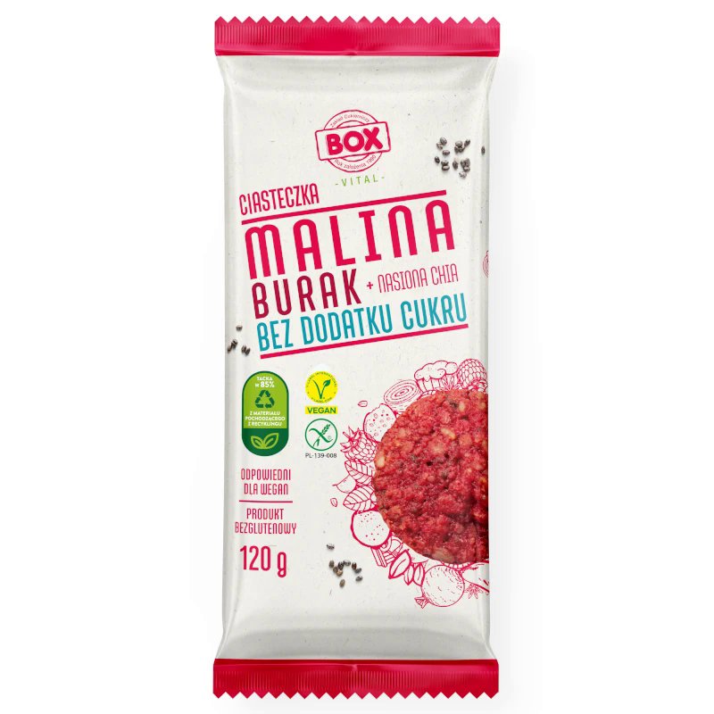 Zakład Produkcji Cukierniczej "Box" BOX wegańskie ciastko bezglutenowe - malina i burak z nasionami chia - (120g)