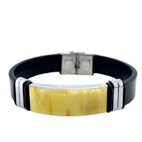 Bransoleta Męska Bursztyn Skóra Stal Surowa Mleczny