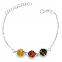 Bransoletka DELIKATNA srebrna z bursztynem koniakowy zielony cytrynowy