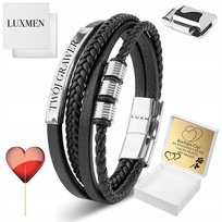 Bransoletka Męska Czarna ze Skóry Srebrna GRAWER Prezent Dla Chłopaka Męża