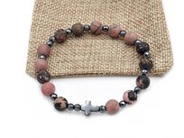 Bransoletka różaniec na rękę rodonit różowo czarny sakwa