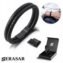 Bransoletka skórzana SERASAR dla mężczyzn [Braid] - czarna 23 cm - ze stalowym zapięciem magnetycznym - prezent dla ojca lub brata