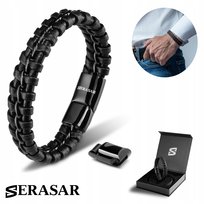 Bransoletka skórzana SERASAR dla mężczyzn [Joy] - czarna 17 cm - ze stalowym zapięciem magnetycznym - w zestawie pudełko prezentowe