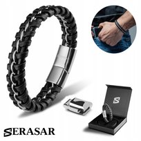 Bransoletka skórzana SERASAR dla mężczyzn [Joy] - srebrna 17 cm - ze stalowym zapięciem magnetycznym - w zestawie pudełko prezentowe