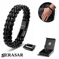 Bransoletka skórzana SERASAR dla mężczyzn [Steel] - czarna 17 cm - ze stalowym zapięciem magnetycznym - w zestawie pudełko prezentowe