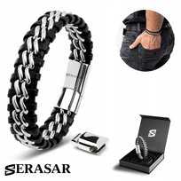 Bransoletka skórzana SERASAR dla mężczyzn [Steel] - srebrna 17 cm - ze stalowym zapięciem magnetycznym - w zestawie pudełko prezentowe SERASAR