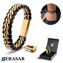 Bransoletka skórzana SERASAR dla mężczyzn [Steel] - złota 17 cm - ze stalowym zapięciem magnetycznym - w zestawie pudełko prezentowe