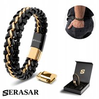 Bransoletka skórzana SERASAR dla mężczyzn [Steel] - złoty/czarny 17 cm - ze stalowym zapięciem magnetycznym - w zestawie pudełko prezentowe