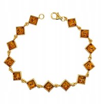 Bransoletka srebrna 925 POZŁACANA z bursztynem naturalnym kwadrat