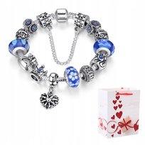 Bransoletka Srebrna Modułowa 20 cm Serce Koraliki Charms Beads Niebieska