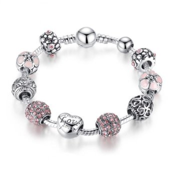 Bransoletka Srebrna Modułowa Serce Koraliki Charms Beads Różowa 18 cm - Ebetka