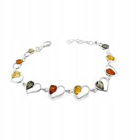 Bransoletka srebrna z bursztynem bałtyckim srebro 925 serca KOLOROWA