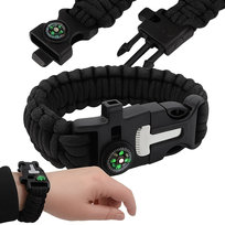 BRANSOLETKA SURVIVAL Z akcesoriami czarna 10 szt opaska paracord 5w1 kompas gwizdek krzesiwo nóż multitool zestaw survivalowy outdoor bushcraft biwak harcerstwo trekking