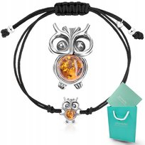 Bransoletka z bursztynem srebrna sznurkowa sowa dla ucznia srebro 925